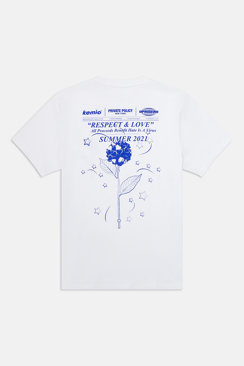 Kemio (けみお, ケミオ) x Private Policy x UPRISERS Respect and Love White Tee (tしゃつ, tシャツ, シャツ) with Pop Blue Puff Floral Print 