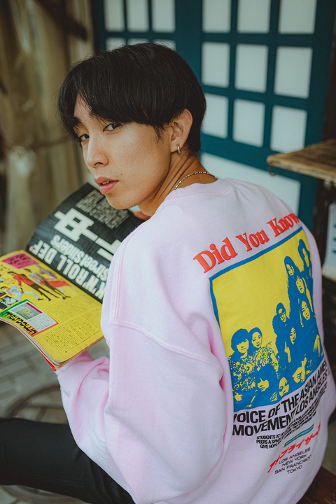 Uprisers.World Original Pink Crewneck Sweatshirt Gidra voice of Asian American Movement Los Angeles 1969 graphic print