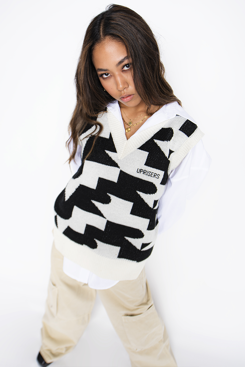 PacSun We Are Uprisers World Checkered Yin Yang Black and White Sweater Knit Vest Unisex Fit