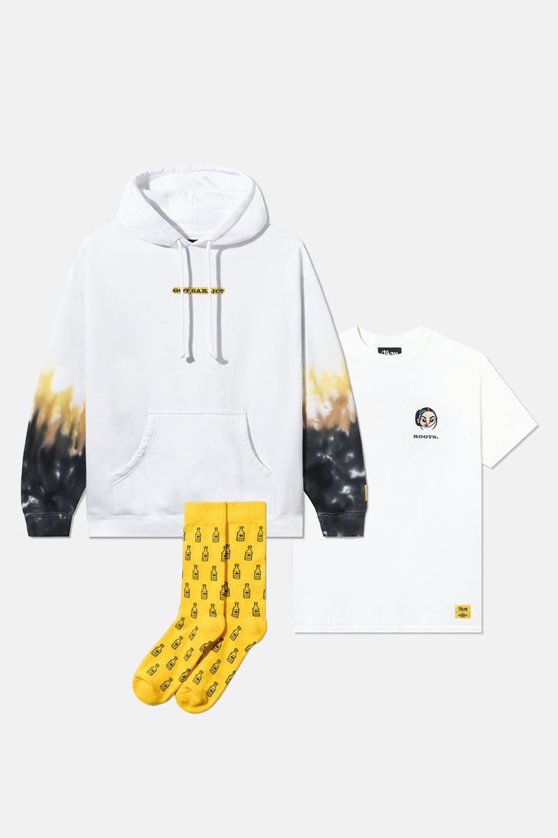 Tway x UPRISERS Roots Bundle includes the Vung Tau white unisex tee, Got Garlic white tie dye hoodie, and Fish Sauce yellow socks.