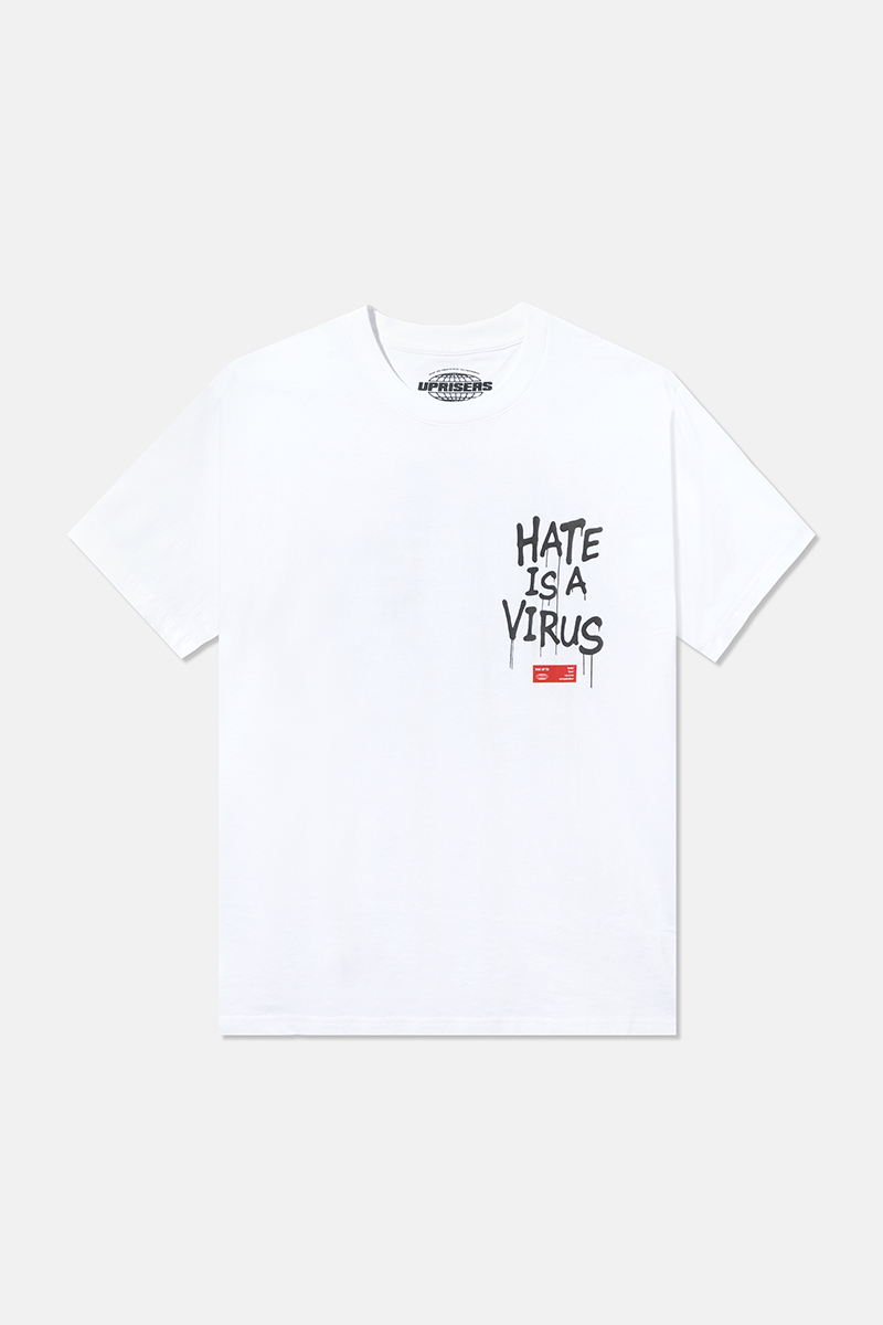 Hate is a Virus White Original Tee with Hate Is A Virus logo chest print